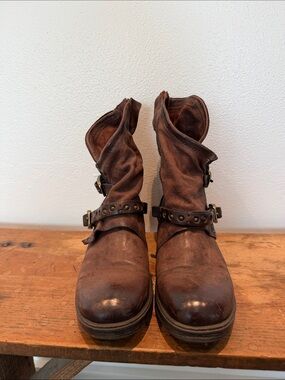 A.S.98 Brown Leather Slouchy Ankle Boots with Studded Strap